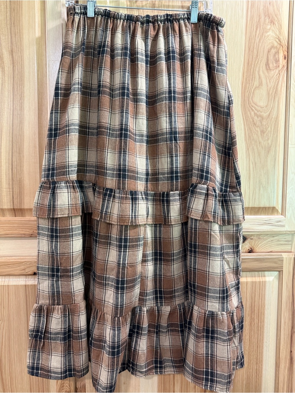 New! New In Women's Plaid Tiered Ruffle Cowgirl Rodeo Midi/Maxi Skirt Brown Sz L - Picture 4 of 10